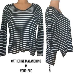 Catherine Malandrino Navy & White Striped V-Neck Long Sleeve Top (Size M)